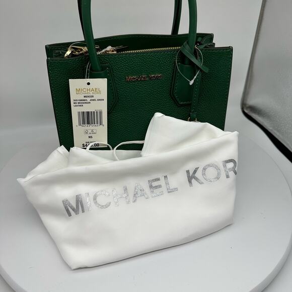 NWT Michael Kors Mercer Medium Pebbled Jewel Green Leather Crossbody Small Purse - Picture 13 of 14
